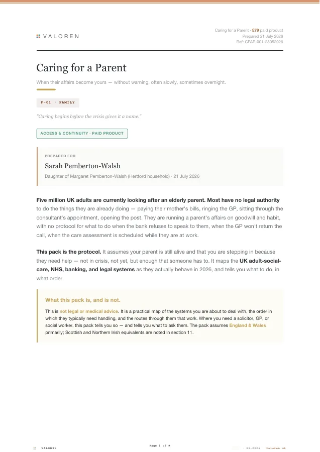 First page of the Caring for a Parent guide.