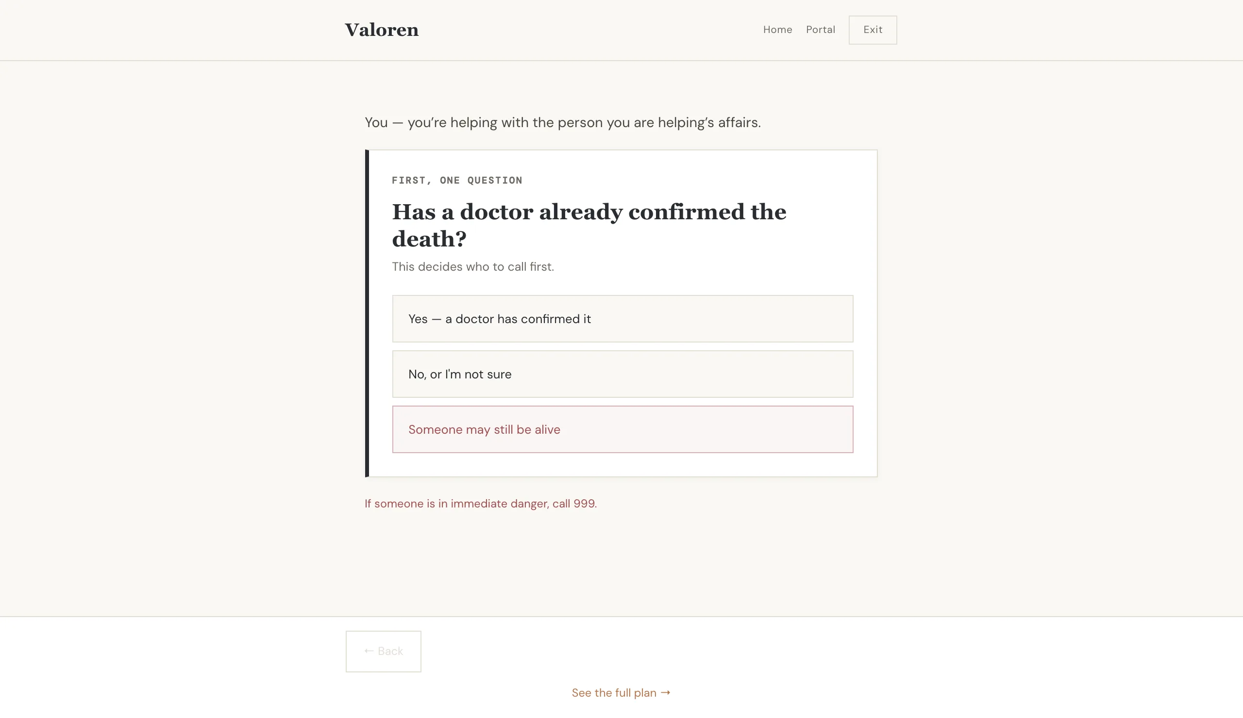 The calm first-steps screen for a family dealing with a death right now.