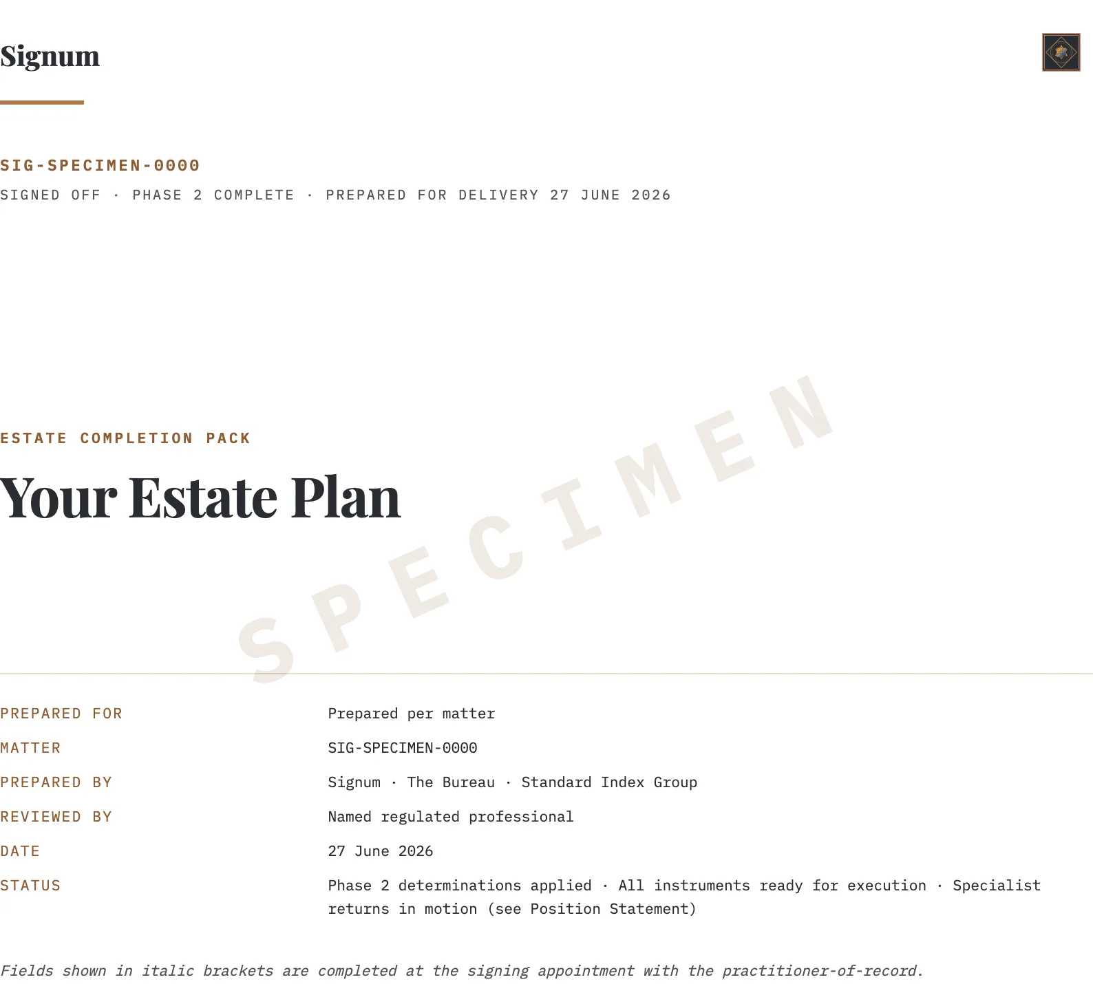 Specimen cover of a Signum estate completion pack — 'Your Estate Plan', details neutralised
