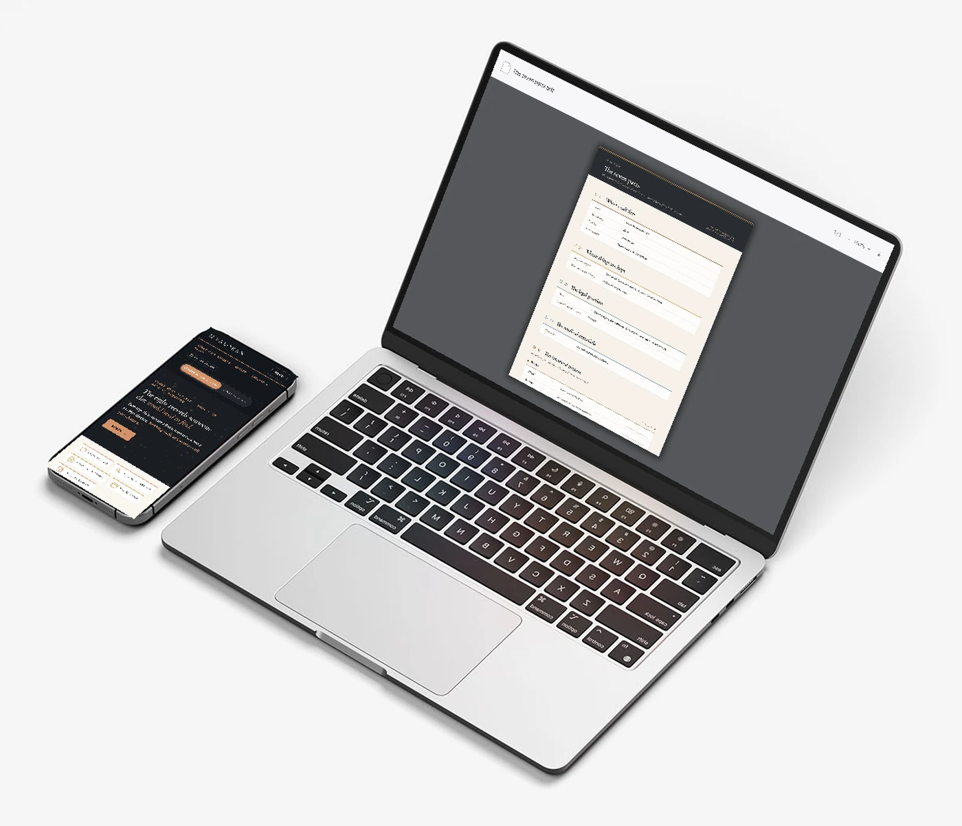 The seven parts written up on a laptop, the phone beside it