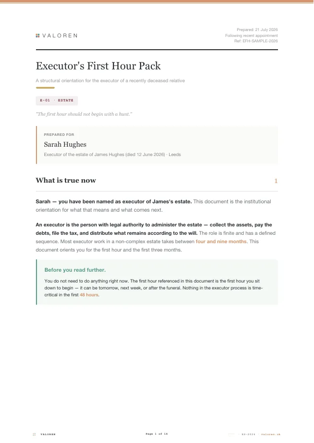 First page of the Executor's First Hour pack, prepared for a named executor.