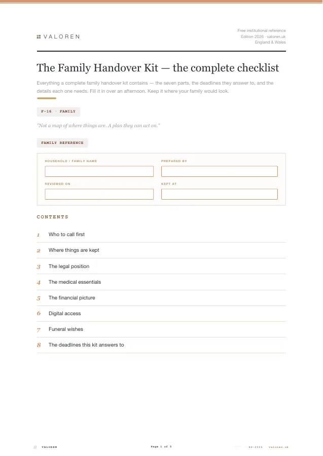 First page of the Family Handover Kit checklist.