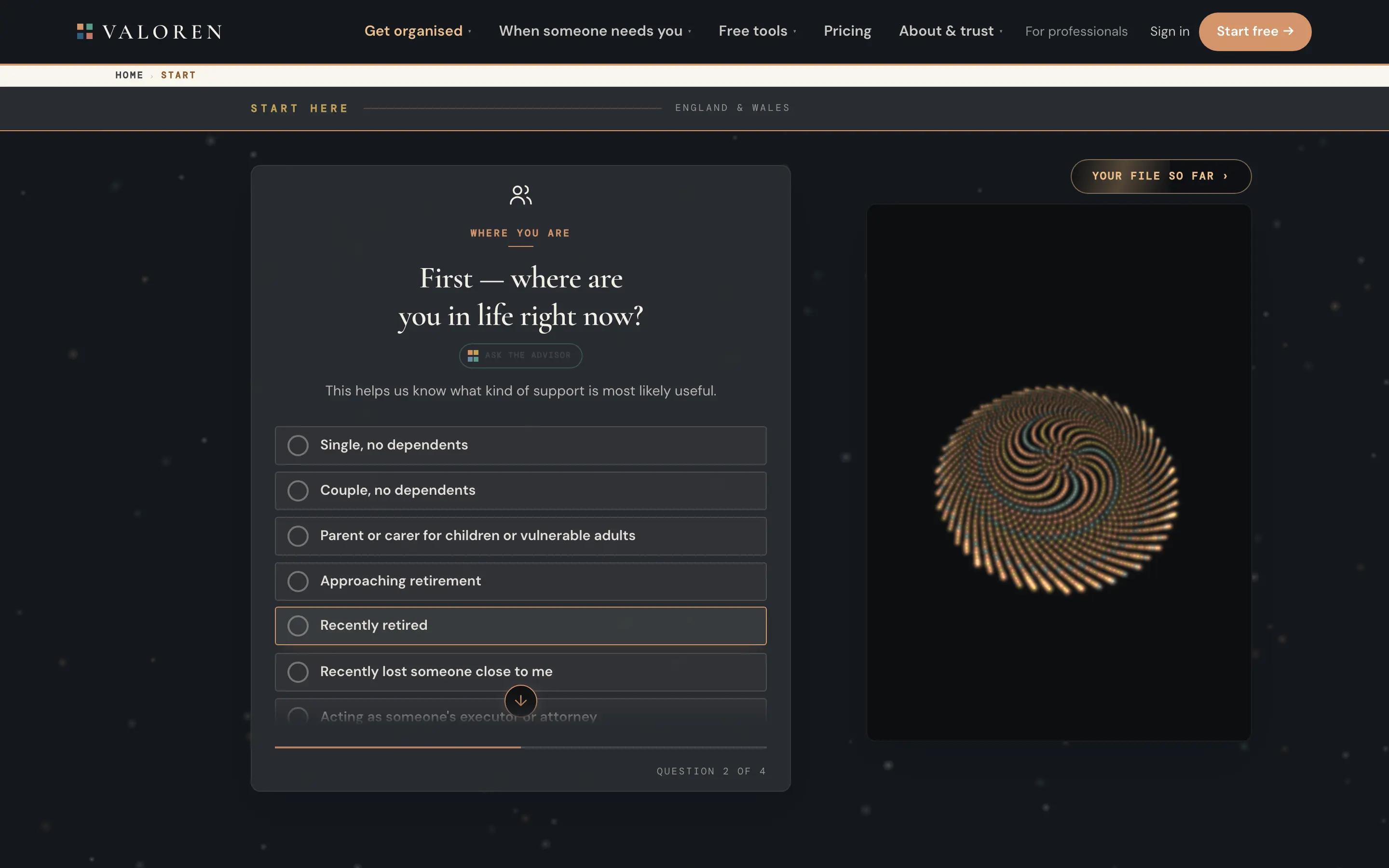A Valoren guided sitting: one question on the dark stage, with the companion record beside it.