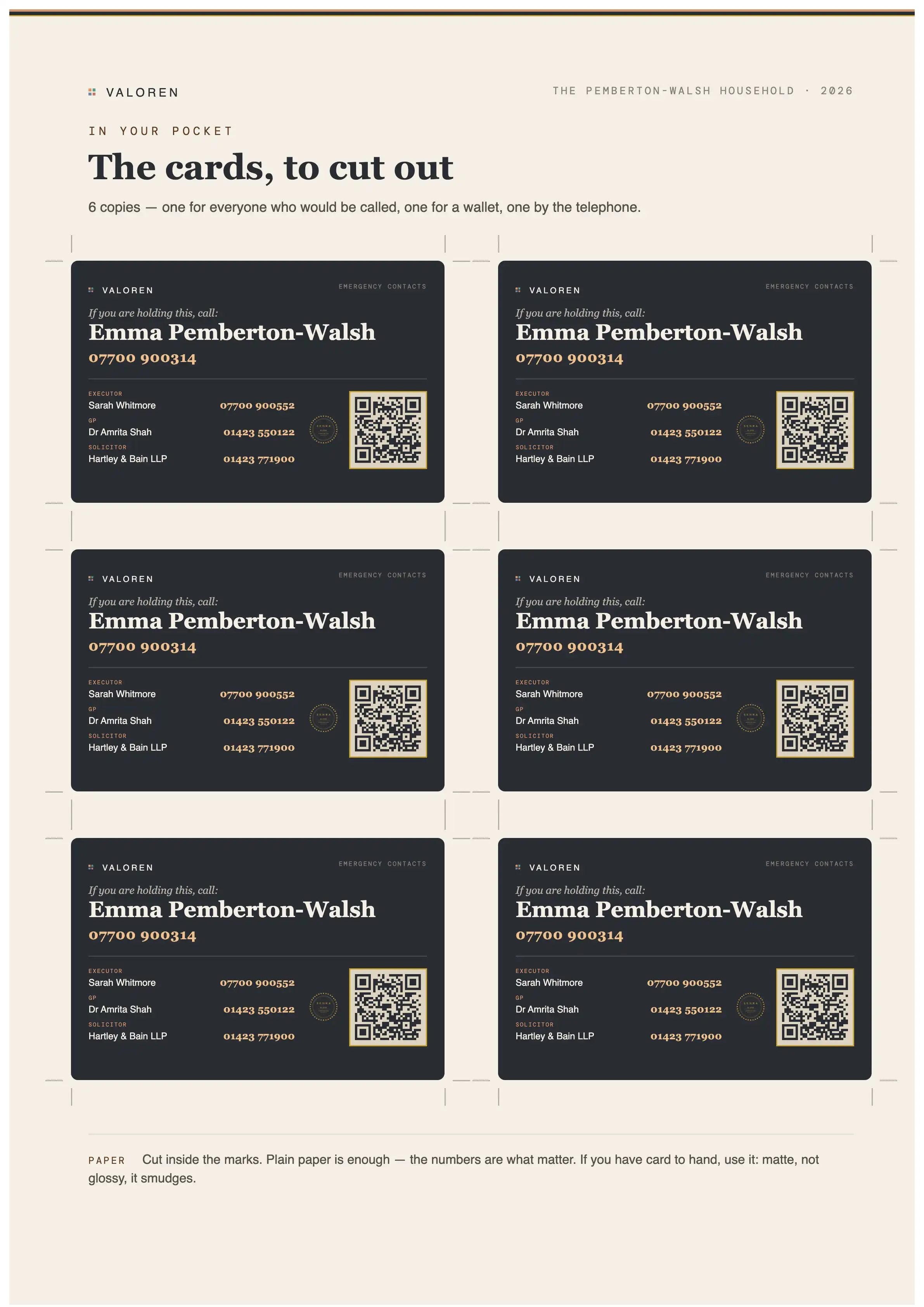 An A4 sheet from the Living Edition carrying six copies of the emergency card, each with crop marks, to print and cut out.