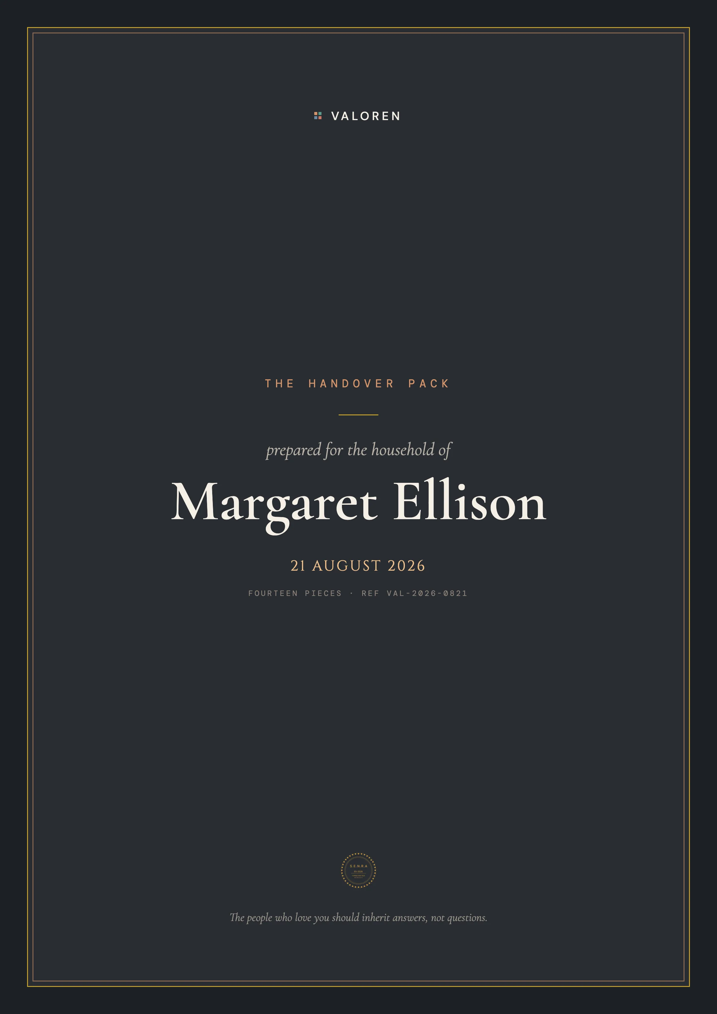 The dark cover of a Valoren Handover Pack, prepared for a fictional household.