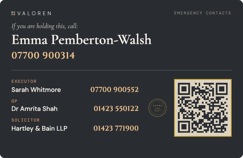 The first-night card from the Living Edition: who to call, on one card.