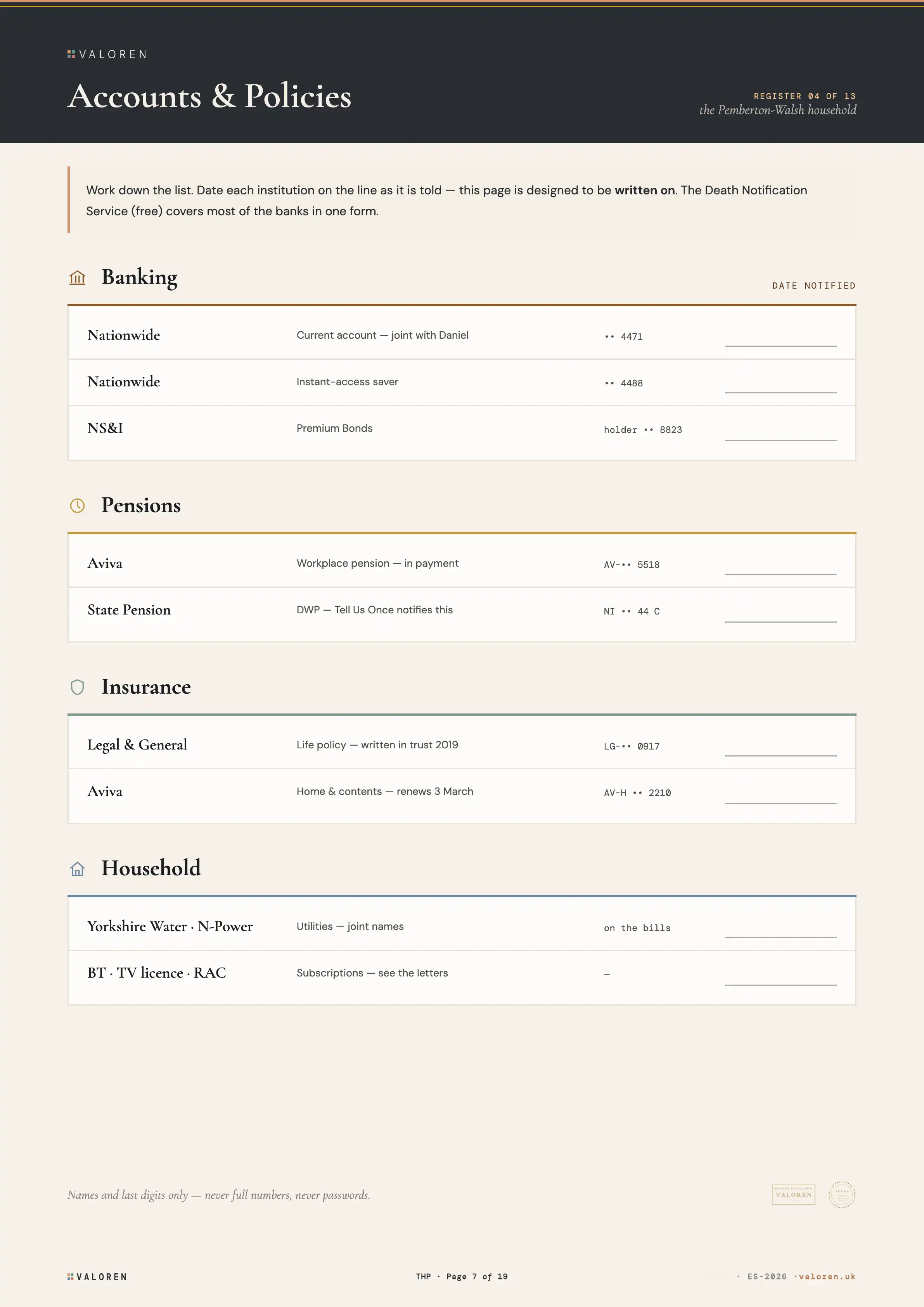 The Accounts & Policies register from the Living Edition.