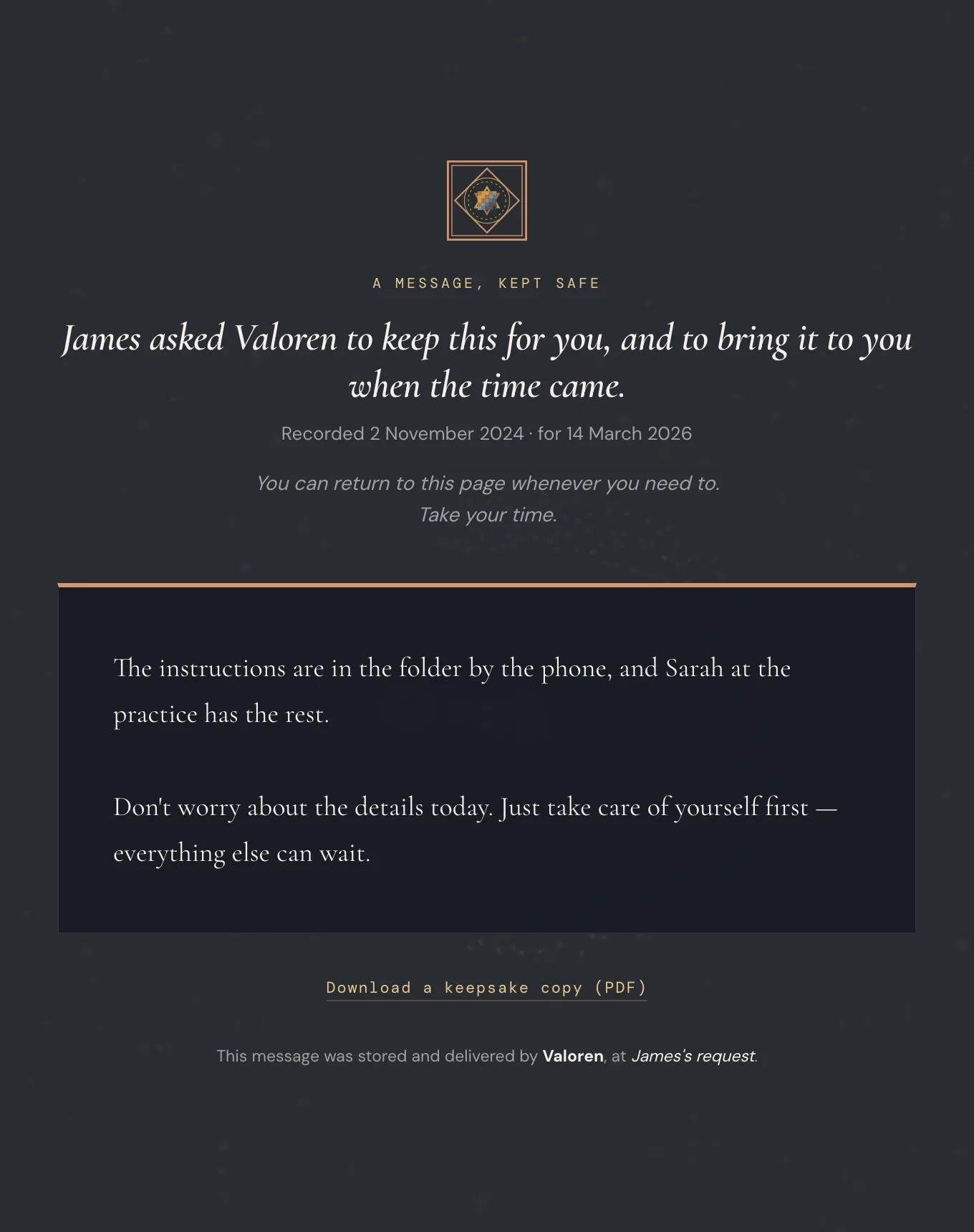 The page a trusted recipient opens when a sealed message is released.