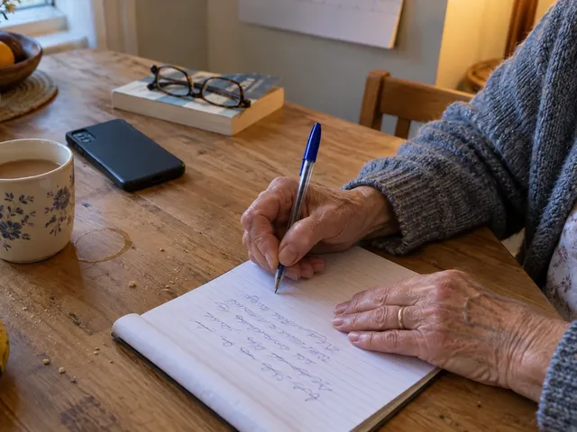 An older woman's hands writing a list on a lined notepad at a kitchen table early in the morning, a half-drunk mug of tea, a phone face down and a pair of folded reading glasses beside her.