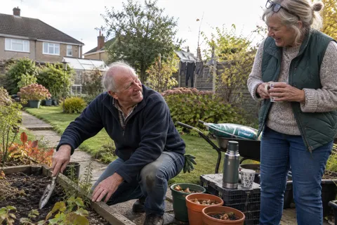 A man crouching to plant bulbs in a raised bed in an autumn back garden while a woman beside him, holding a mug, laughs, with a wheelbarrow, a flask and pots of bulbs behind them.