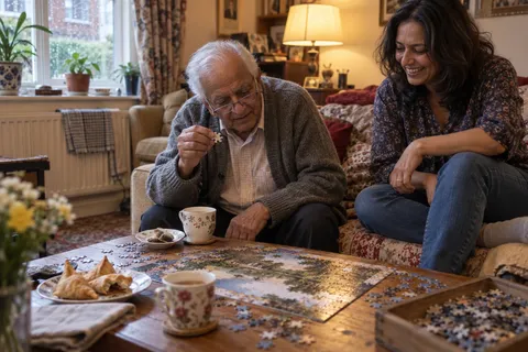 An older man in a cardigan holds up a jigsaw piece at a coffee table while a woman on the sofa smiles at him, with tea cups, a plate of samosas and a half-finished puzzle in front of them and rain on the window behind.