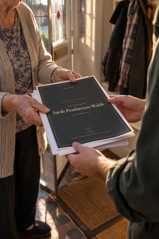 An older woman at the front door handing a stack of loose pages, with the Kit's cover on top, to her adult grandson: only their hands and torsos show, with a coat on a hook and a doormat behind.
