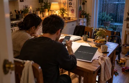 A couple at a kitchen table in the evening, rain on the back door: he looks at his phone beside the Kit's cover while she leans in, a child's rucksack and toys behind them.